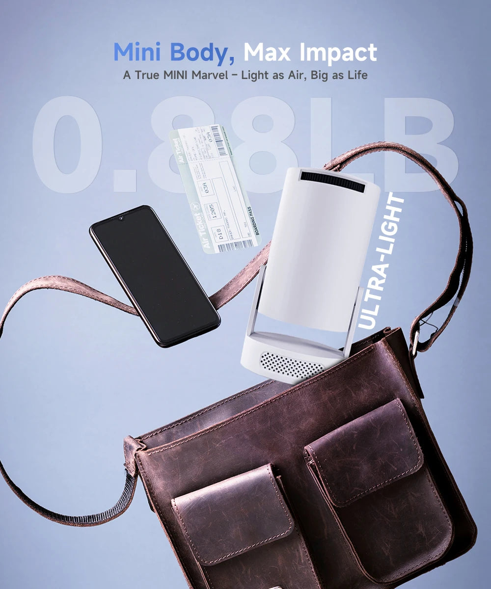 Projector next to a phone and a bag for scale