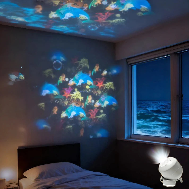 Ocean pattern with fish projected on a bedroom wall and ceiling