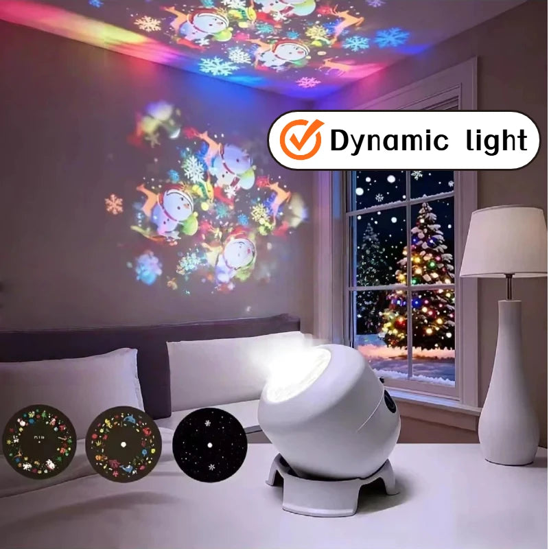 Projection light on a bedside table casting a Christmas pattern on the wall
