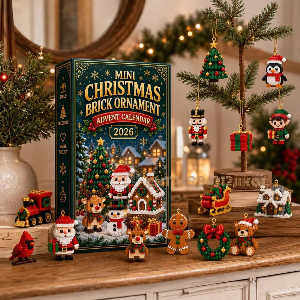 Built brick ornaments on a shelf and a small tree