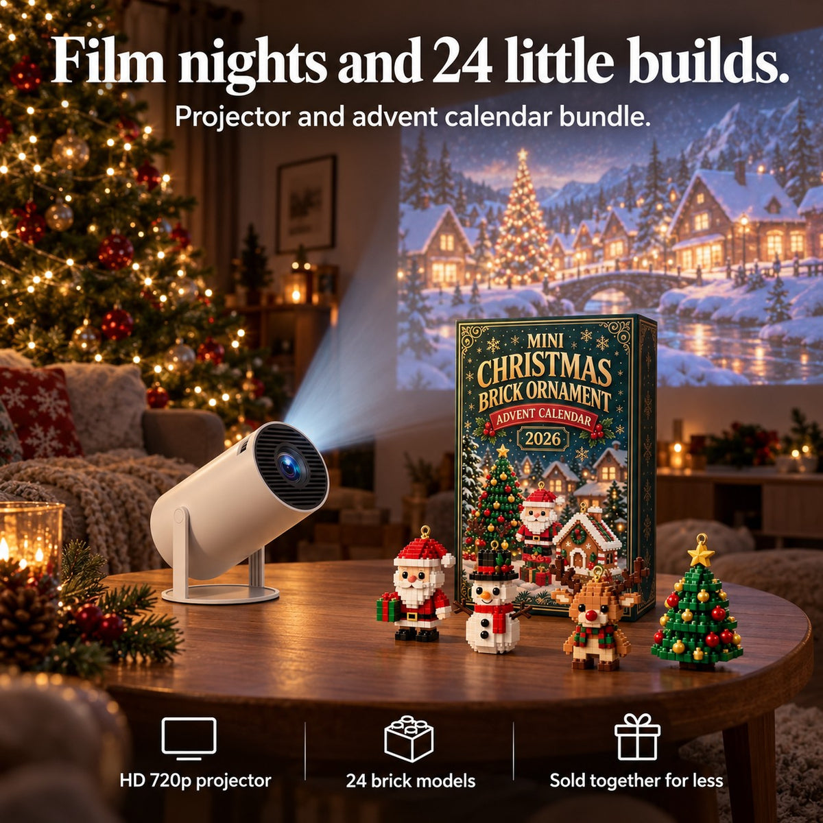 Film nights and 24 little builds. Projector and advent calendar bundle: HD 720p projector, 24 brick models, sold together for less