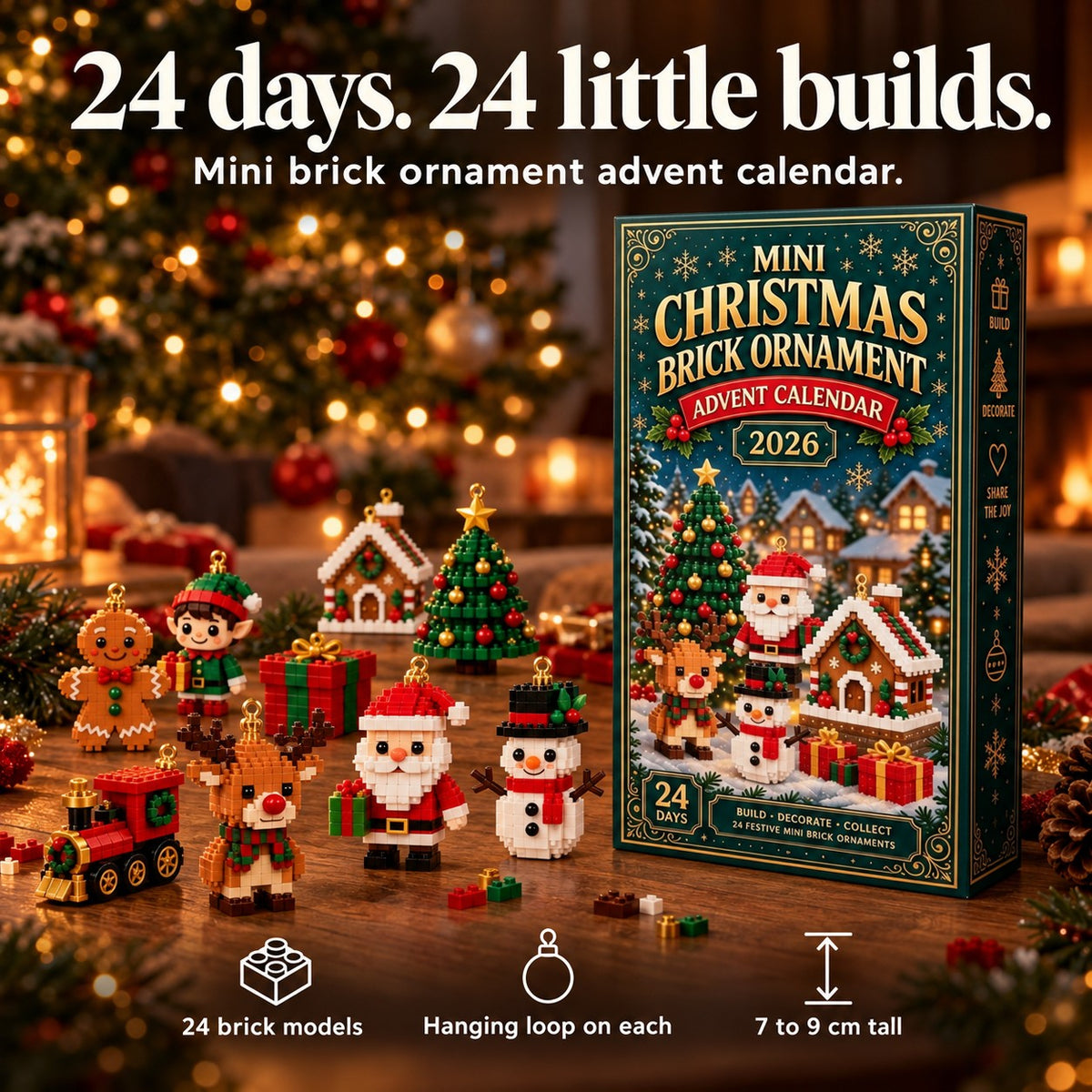 24 days. 24 little builds. Mini brick ornament advent calendar: 24 brick models, hanging loop on each, 7 to 9 cm tall