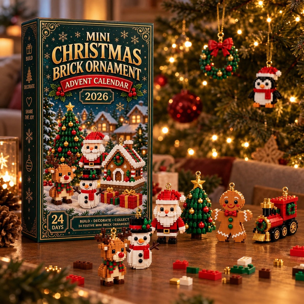 Advent calendar box on a table with built brick ornaments in front of a Christmas tree
