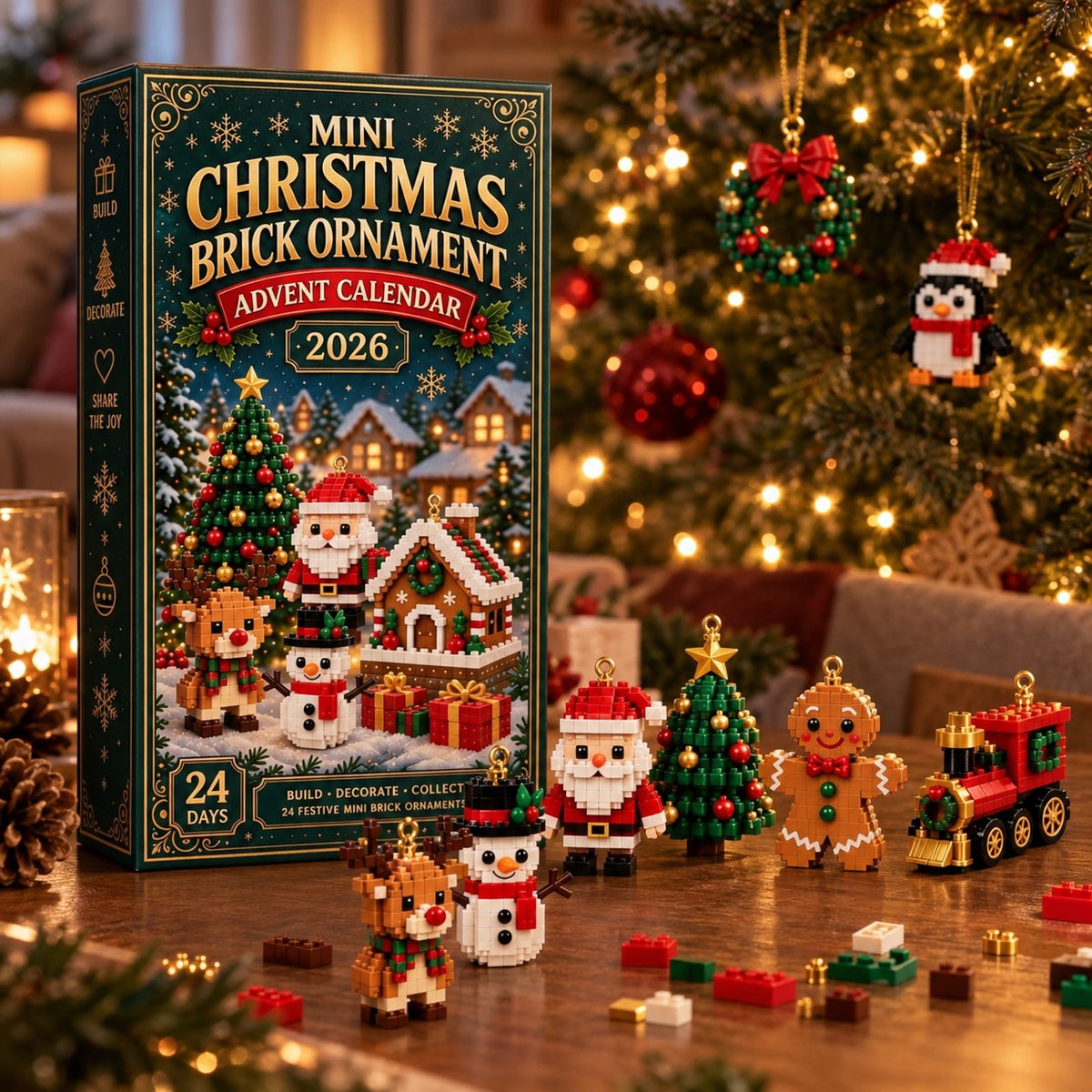 Advent calendar box on a table with built brick ornaments in front of a Christmas tree