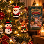 Brick Santa, snowman and reindeer ornaments hanging on a Christmas tree