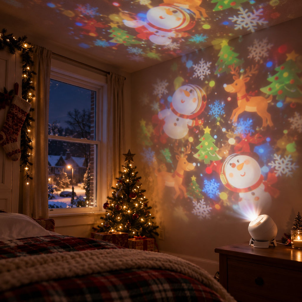 Projection light on a bedside table casting snowmen, reindeer and snowflakes across a bedroom wall and ceiling