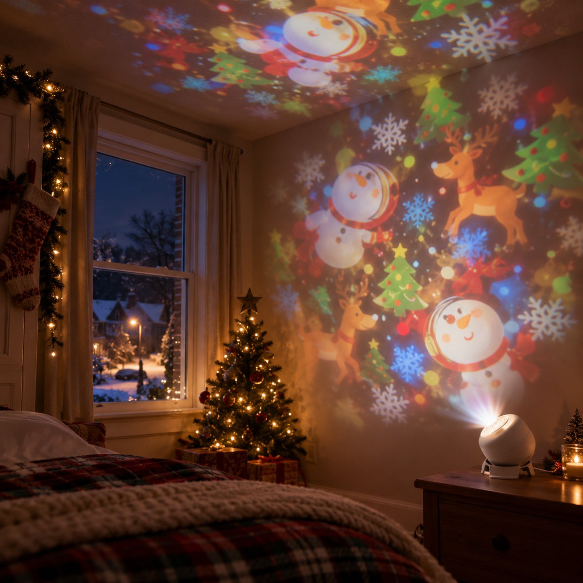 Projection light on a bedside table casting snowmen, reindeer and snowflakes across a bedroom wall and ceiling