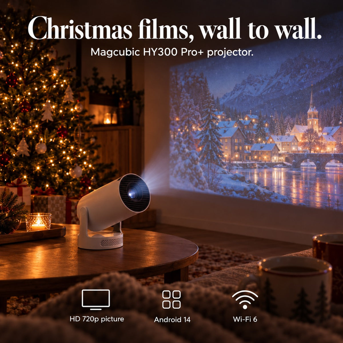 Christmas films, wall to wall. Magcubic HY300 Pro+ projector: HD 720p picture, Android 14, Wi-Fi 6