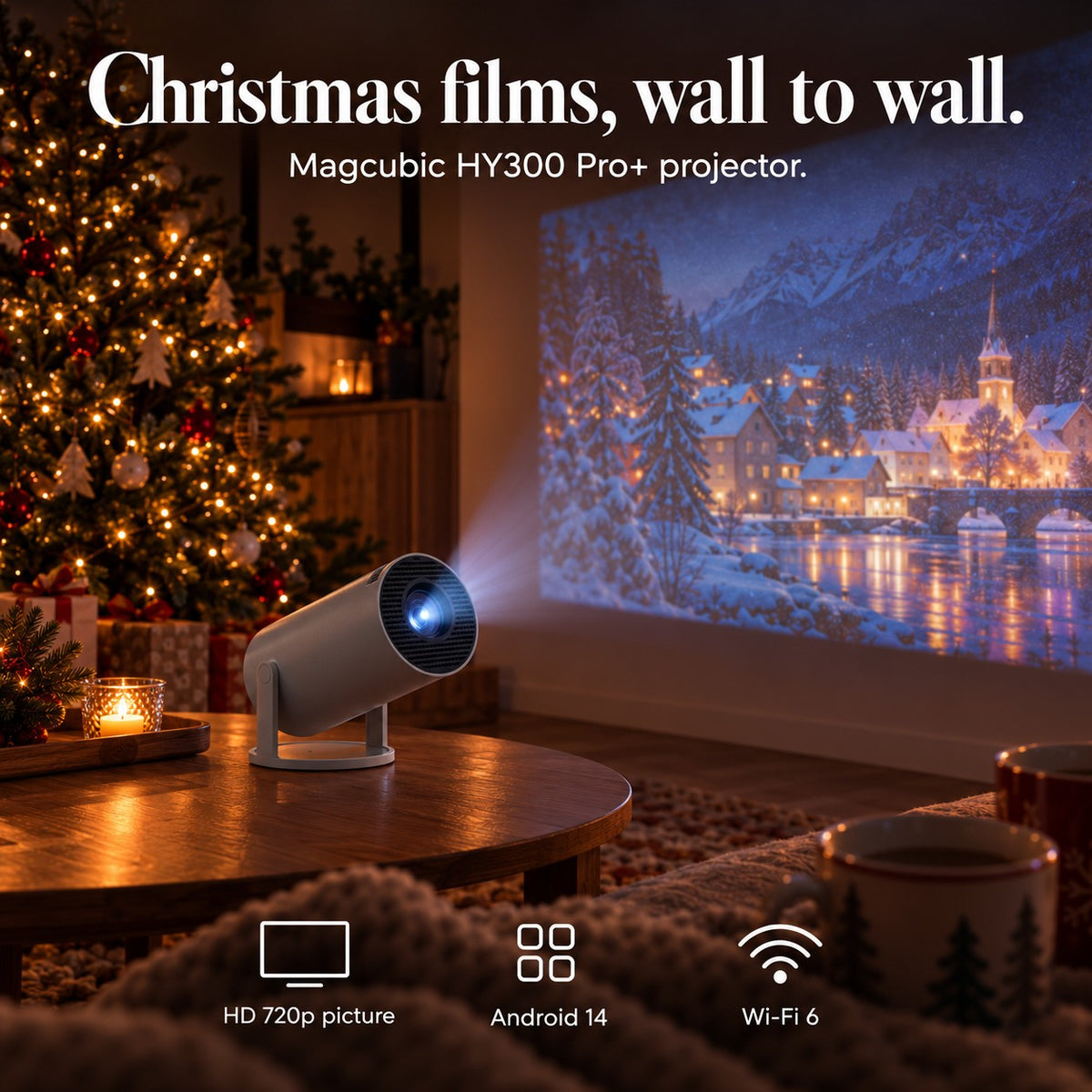 Christmas films, wall to wall. Magcubic HY300 Pro projector in grey: HD 720p picture, Android 14, Wi-Fi 6