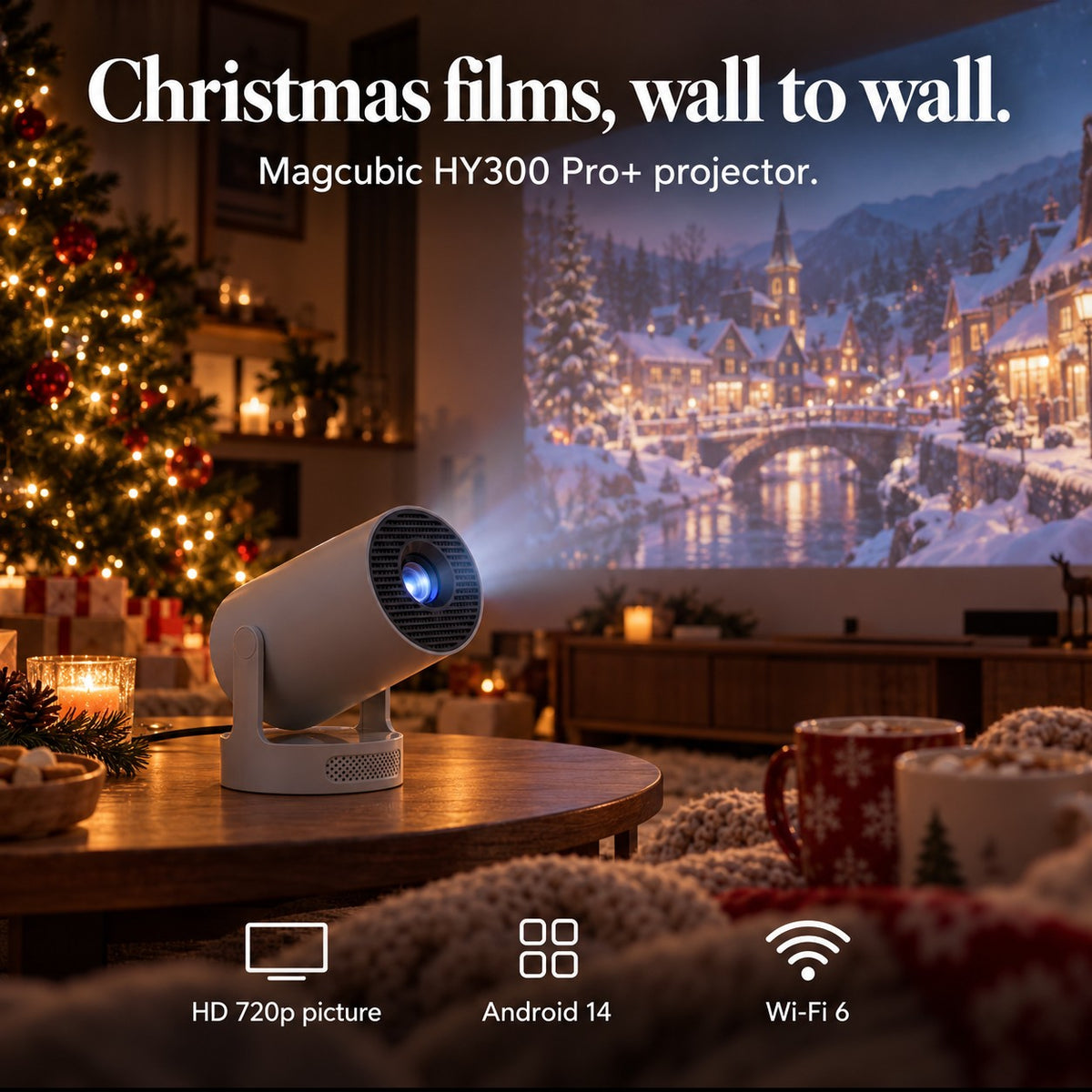 Christmas films, wall to wall. Magcubic HY300 Pro New projector in grey: HD 720p picture, Android 14, Wi-Fi 6