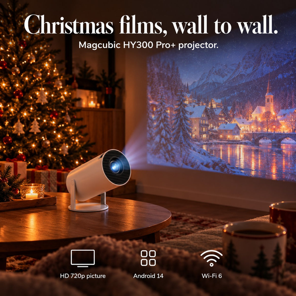 Christmas films, wall to wall. Magcubic HY300 Pro projector in white: HD 720p picture, Android 14, Wi-Fi 6