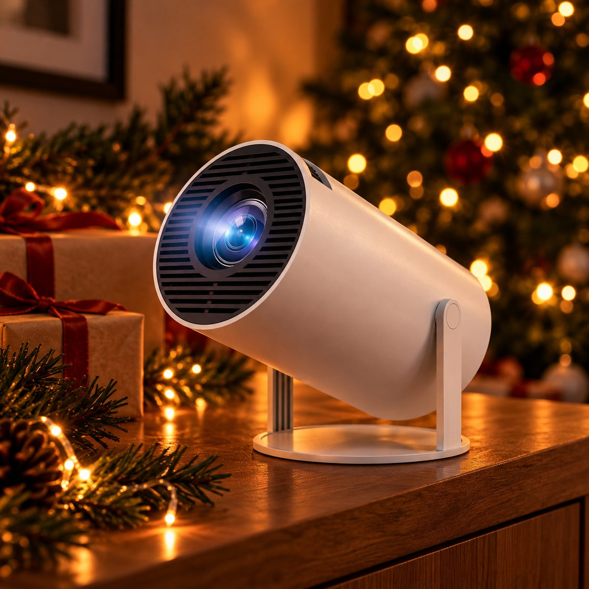 HY300 Pro projector in white on a sideboard with wrapped presents and a Christmas tree behind